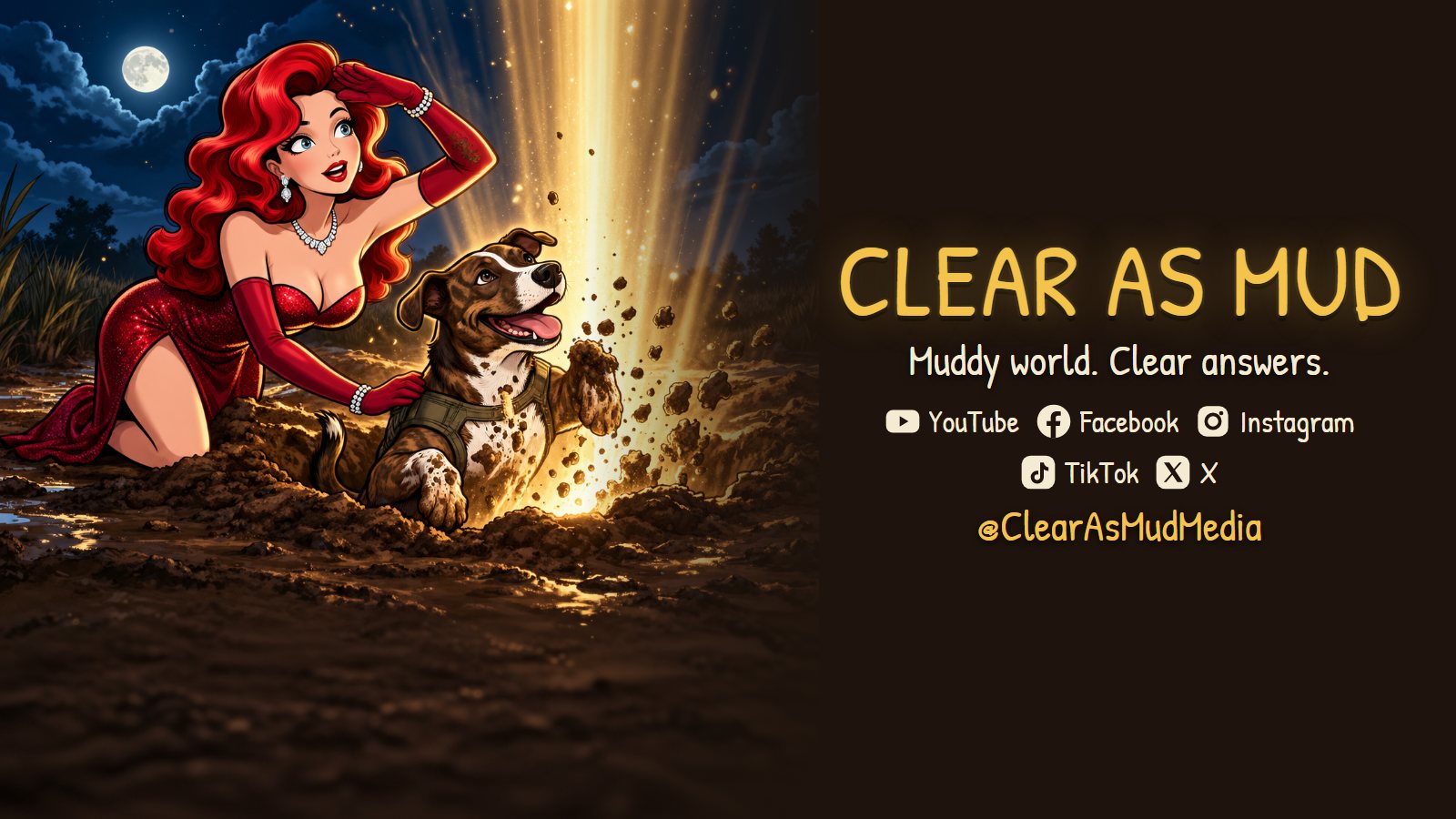 Clear As Mud. Muddy world. Clear answers. Ruby and Ajay digging up a beam of gold light. YouTube, Facebook, Instagram, TikTok, X: @ClearAsMudMedia